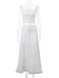Fongt Summer Fashion New Square Tie Lace Splicing Top + Half-Dress Casual Holiday Suit