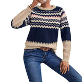 Fongt Women's Sweater Fashion Round-Neck Knitted Top Classic Striped Knitted Shirt