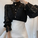 Patchwork Shirt Button Hollow Out Tops Korean Chic Lace Blouse Women Flower Stand Collar Blusas Petal Sleeve Blouses