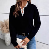 Fongt 2025 New Fashion Lace V-Neck Sweater Solid Color Loose Long-Sleeved Knitwear Shirt