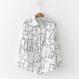New Arrival Cartoon Cat Print Button Up Blouse Long Sleeve Turn Down Collar Shirt Sweet Girls Loose Plus Size Top