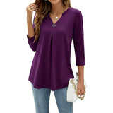 Color Five Yards A Large Number Of Burst Seven-Point Sleeve Solid Color V-Neck Buckle Folded T-Shirt Top