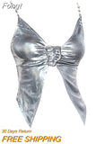 Women's Summer Silver Chain Vest Top Y2k Sexy Sleeveless Crop Top Ladies Camisole Punk T-shirt With Open Shoulders Tank Top