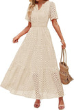 Fongt Women's V-Neck A-Shaped Hollow Lace Cake Dress