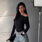 Fongt Women's Autumn New Fashion Sexy Solid Long-Sleeved Shoulder Double-Breasted T-Shirt Top
