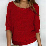 Fongt New Solid Color Round Knit Shirt Women Commuting Elegant Seven-Sleeve Top Air-Conditioning Shirt