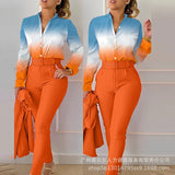 Series) 2023 Women's Red Print Shirt Pantsuit-With A Belt-Outfit
