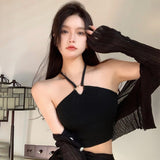 Women Tank Tops Solid Color Halter Sweet Camisole Slim Sexy Exposed Navel Crop Top-Outfit