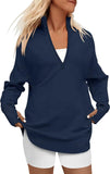 Fongt Hot Style Women's Long Sleeve Half Zipper V-Neck Casual Rib Knit Sweater Women's