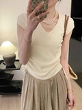 Silk V-Collar Vest Women Draw Rope Waist Design Sense Minority Summer 2024 New Chic Sweater T-Shirt-Outfit