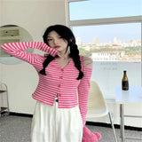 Fongt New Striped V-Necked Long-Sleeved Knitted Cardigan Female Red Ins Wind Short