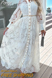 Women Turn Down Collar Long Dress Loose Button Patchwork Casual Solid Dress Elegant Lady Long Sleeve Lace Party