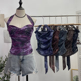 Fongt Shot Tie-Dye-Dyed Denim Print Folding Mesh Sling Sling Sling Neck With Bow Striped Backwear 9921
