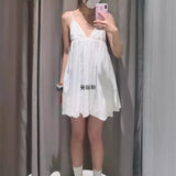 Fongt Women's Summer New Holiday Style Loose Back Vertical Lace Short Dress