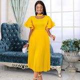 Fongt Casual Comfort Hollow Collar Folding Skirt Elegant Style Level Feel Horn Sleeve Dress Dress Dress