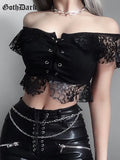 Dark lace T-shirts Mesh Hollow Out Hole Crop Top Gothic Sexy Eyelet Backless Transparent Patchwork Slash Neck 2021