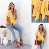 Fongt Summer New Women's Pure Color Splicing Loose Short-Sleeved Strap Lotus Edge Top