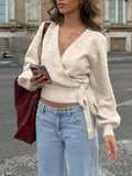 Fongt V-Neck Knitted Shirt Autumn And Winter Irregular Strap Elegant Short Top Lady