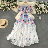 Fongt New Flower Series Holiday Dress Women's Lotus Leaf Side Shoulder-Repair Long Chiffon Fairy Dress