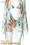 Slit Cuff Plunge Neck Backless Drawstring Ruched Mini Dress+Lace Up Bra Outfits 2023 Summer Beach Holiday Two Piece