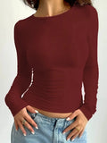 Summer Solid Crew Neck T-Shirt, Casual Long Sleeve Top For Spring & Fall,Women's Clothing-Outfit