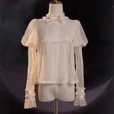 Victorian Retro Lolita Blouses Women Sweet Bow Roffles Lace Mesh Long Sleeved Shirts Girls Kawaii Loose Jsk Inside Tops-Outfit