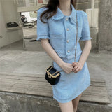 Tweed Skirt Suit 2023 New Fashion Two Piece Set Women Crop Top Wrap And Hip Plaid Mini Skirts Tassel Outfits Summer