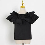 Chic Patchwork Ruffle Shirt For Women Slash Neck Short Sleeve Casual Green Blouse Female Fashion New Clothing
