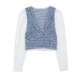 Women Fashion Contrast Tweed Cropped Blouses Vintage Long Sleeve Side Zipper Female Shirts Blusas Chic