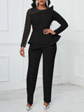 Fongt New Long-Sleeved Temperament Mesh Splicing Nail Beads Thin Banquet Large-Size Jumpsuit