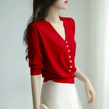 Pearl Button Knit Tops Women Candy Color V-neck Summer Tshirts V-neck Half Sleeve Tee Slim Knitwear Jumper Casual