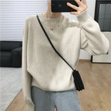 Fongt Winter 2023 Version Of Korean Women's Clothing Loose Cover Meat Lazy Wind Round Collar Knit Bottom Shirt Pure Color Pullover Sweater Female-Outfit