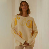 Knitted Women's Sweater Patchwork Fruit Print O-Neck Long Sleeve Female Sweaters 2022 Fashion Soft Thick Pullover