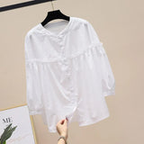 Fongt 2025 Spring And Autumn Korean Version Of The Round-Necked Women's Shirt Age-Old Doll Shirt Fashion Casual Thin Nine-Sleeved Lace Shirt