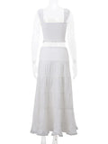 Fongt Summer Fashion New Square Tie Lace Splicing Top + Half-Dress Casual Holiday Suit