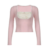 Aesthetic Square Lace Trim Long Sleeve Tee-Outfit