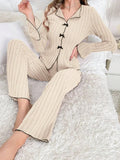 Pajamas Women Simple Fashion Collar Casual Bow Long Sleeve Trousers Homewear Suit