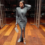 Ruched Dress Women Elegant Fall Trend Solid O-Neck Birthday Banquet Party Chic Split Maxi Bodycon Slim Vestidos-Outfit