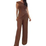 Fongt 2024 New Solid Color Diagonal Collar Stripe Elastic Slim Knit Sweater Pants Suit Women-Outfit