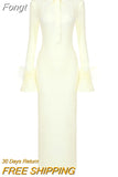 Autumn 2023 New Women's Sexy Skinny Long Bandage Dress Elegant Lapel Long Sleeve Feather Design Elegant Party