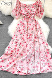 Elegant Floral Dress Women Vintage Square Collar Short Sleeve A Line Beach Dresses Ladies High Waist Print Split
