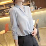 Spring V-neck Womens Tops Long Sleeve Chiffon Blouse Summer New White Female Korean Tops Wild Loose Office Lady