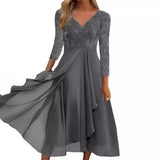 Fongt And Winter Long-Sleeved Chiffon Dress Splicing V-Neck Lace Hollow-Out Bridesmaid Evening