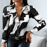 Women Turn Down Collar Print Blouse Casual Female Long Sleeve Slim Top Shirts Autumn Pullover Office Lady Blouse
