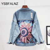 Women Denim Jacket feminine Spring Autumn Boho Sequin Floral Appliques Embroidery Coat Long Sleeve Outerwear Female Veste
