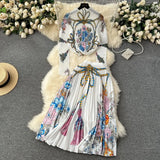 New Advanced Casual Women's Elastic Long Sleeve Pleated Top+High Waist Pleated Half Skirt Printed Skirt 2-piece Set-Outfit