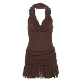 Fongt 2025 Fashion Trend Women's New Hanging Neck Bare Back Body Solid Color Lotus Leaf Side Dress