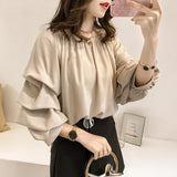 Fongt New Korean Version Of Temperament Word-Collar Shoulder Chiffon Shirt Women Loose Bubble Tops Thin Solid Color Bottom Shirt