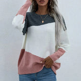 Color Matching Spring Women O Neck Sweater Elegant Long Sleeve Office Lady Loose Pullover Top Casual Femme Knitting