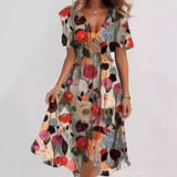 Fongt Summer New Loose Leisure Shuya V Collar Crumped New Hot Print Dress.